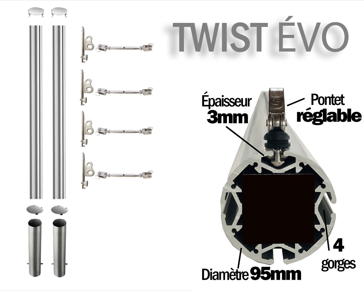 détail des accessoires fournis avec la concept twist évo pour voile d'ombrage